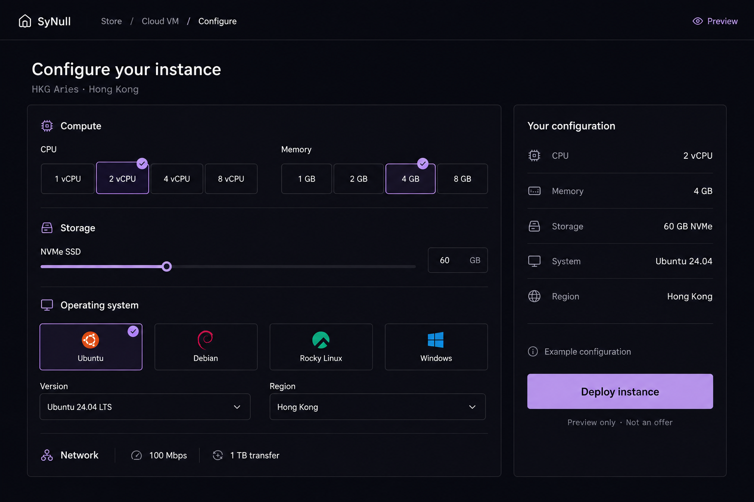 SyNull Store — CPU, memory, storage and operating system configuration preview